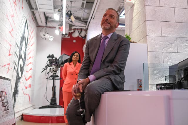 <p>Chuck Todd and successor Kristin Welker enjoy a toast behind the scenes of Todd’s last Meet the Press broadcast</p>