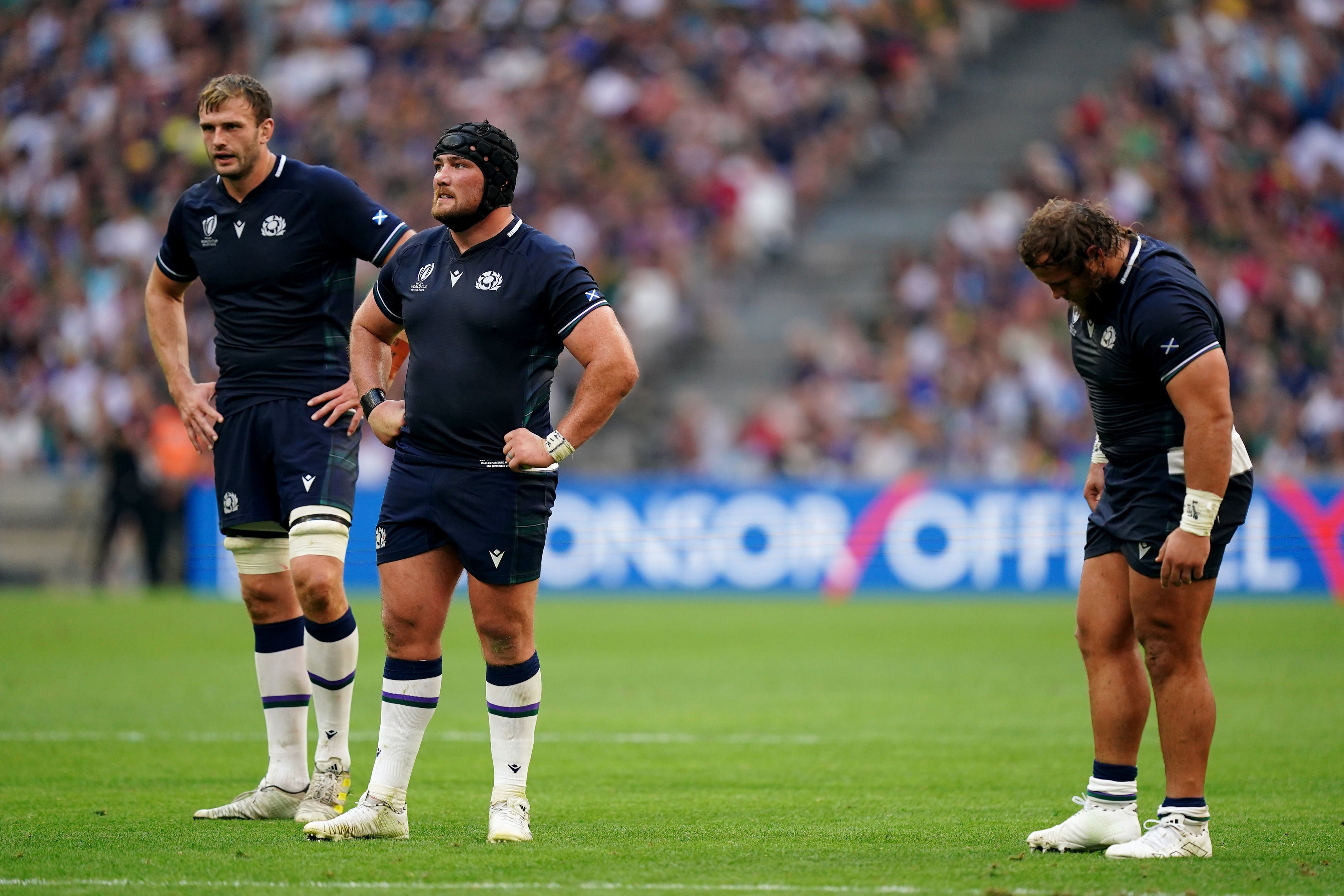 Scotland’s Richie Gray, left, Zander Fagerson and Pierre Schoeman appear dejected after defeat to South Africa