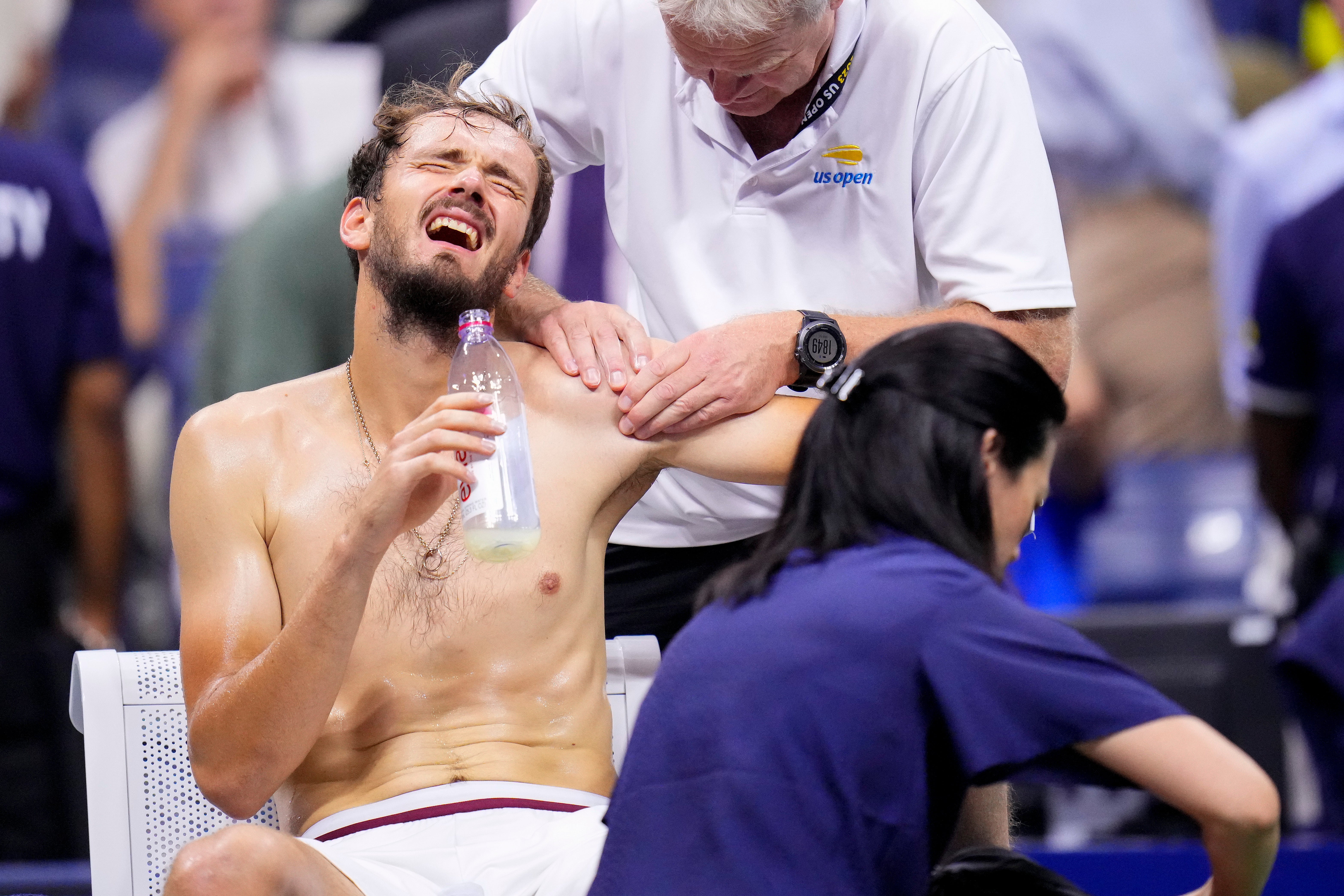 Daniil Medvedev, of Russia, reacts during a medical time out