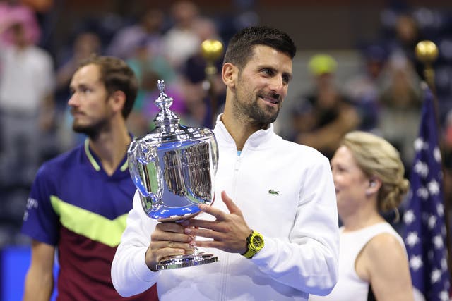 <p>Novak Djokovic celebrates after defeating Daniil Medvedev</p>