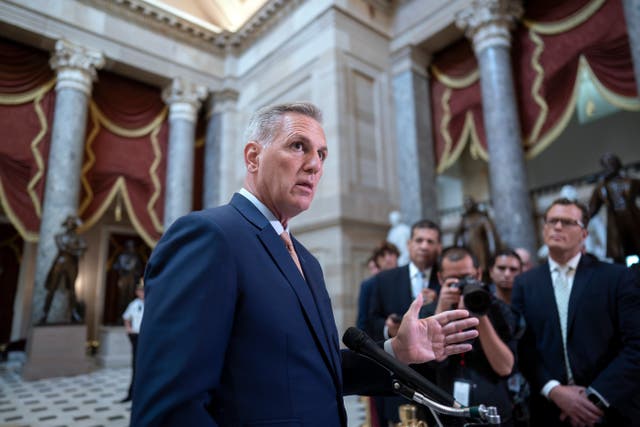 <p>Kevin McCarthy speaks to reporters in the Capitol </p>