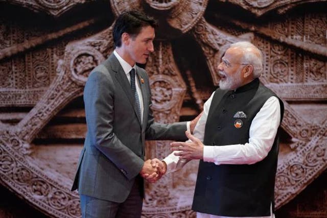<p>India’s prime minister Narendra Modi shakes hand with Canada’s prime minister Justin Trudeau ahead of the G20 Leaders’ Summit in New Delhi on 9 September 2023</p>