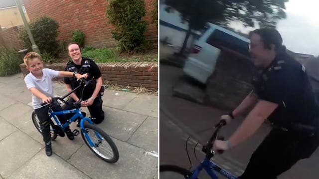 <p>Police officer borrows schoolboy’s tiny bike to chase suspected burglar.</p>