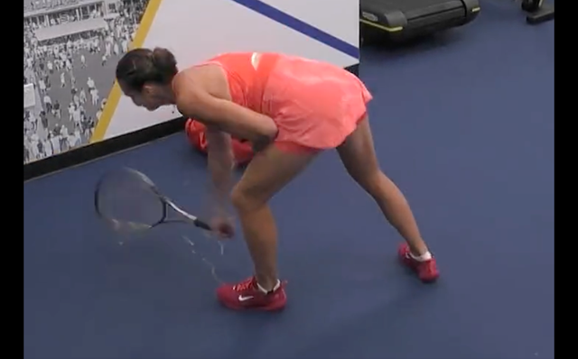 <p>Aryna Sabalenka smashes a racket after losing the US Open final</p>