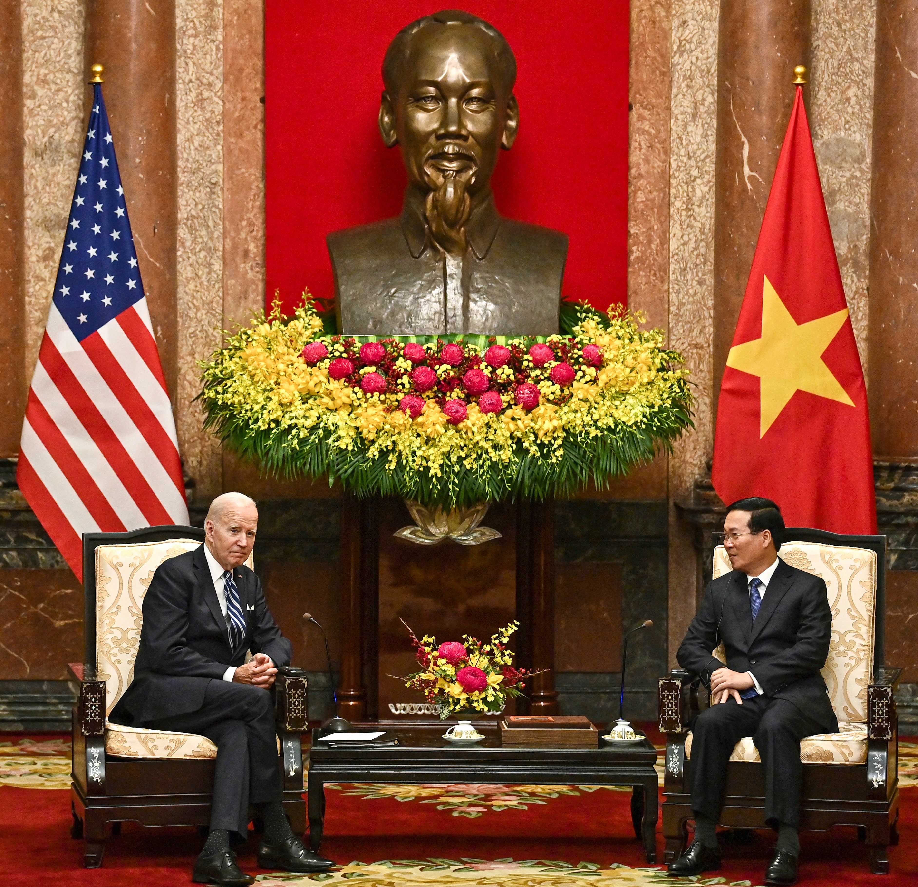 Joe Biden and Vietnam’s president Vo Van Thuong hold a meeting at the Presidential Palace in Hanoi