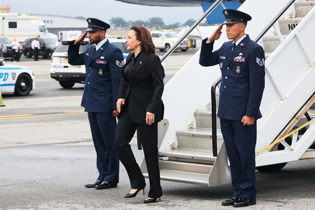 <p> Vice President Kamala Harris arrives at LaGuardia Airport for the annual 9/11 Commemoration Ceremony on September 11, 2023 in New York City. Family and friends honored the lives of their loved ones on the 22nd anniversary of the terror attacks of September 11, 2001, at the World Trade Center, Shanksville, PA and the Pentagon, that killed nearly 3,000 people</p>