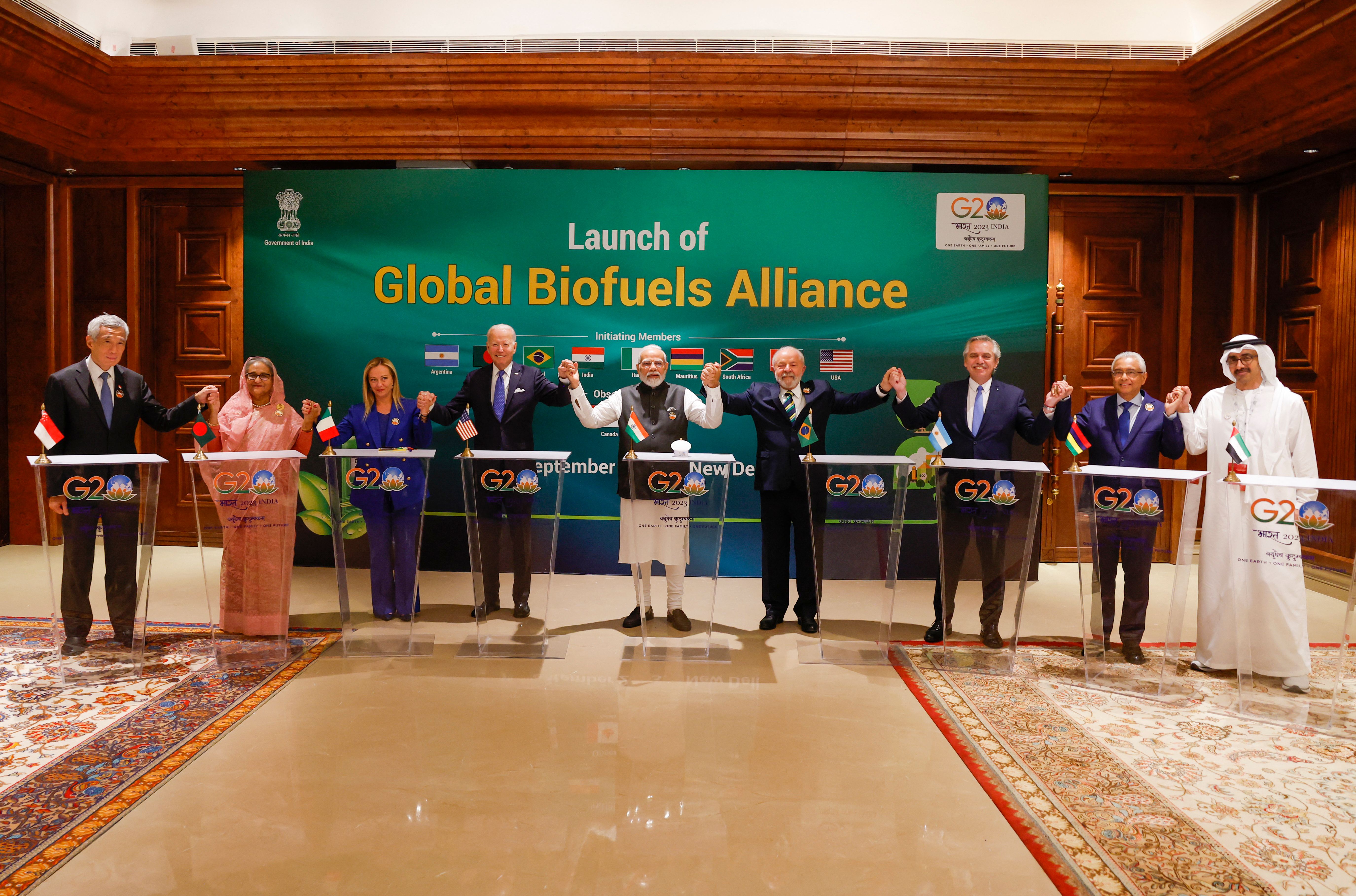 G20 leaders and guest countries leaders attend the launch of the Global Biofuels Alliance at the G20 Summit in New Delhi