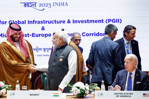 <p>Saudi Arabia’s crown prince Mohammed bin Salman, Indian prime minister Narendra Modi and US president Joe Biden at G20 summit  </p>