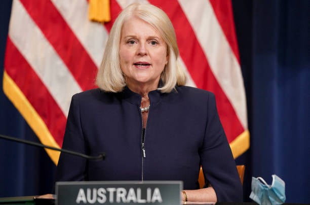 <p>File: Karen Andrews addressing a press conference in Washington, DC on 15 December 2021</p>