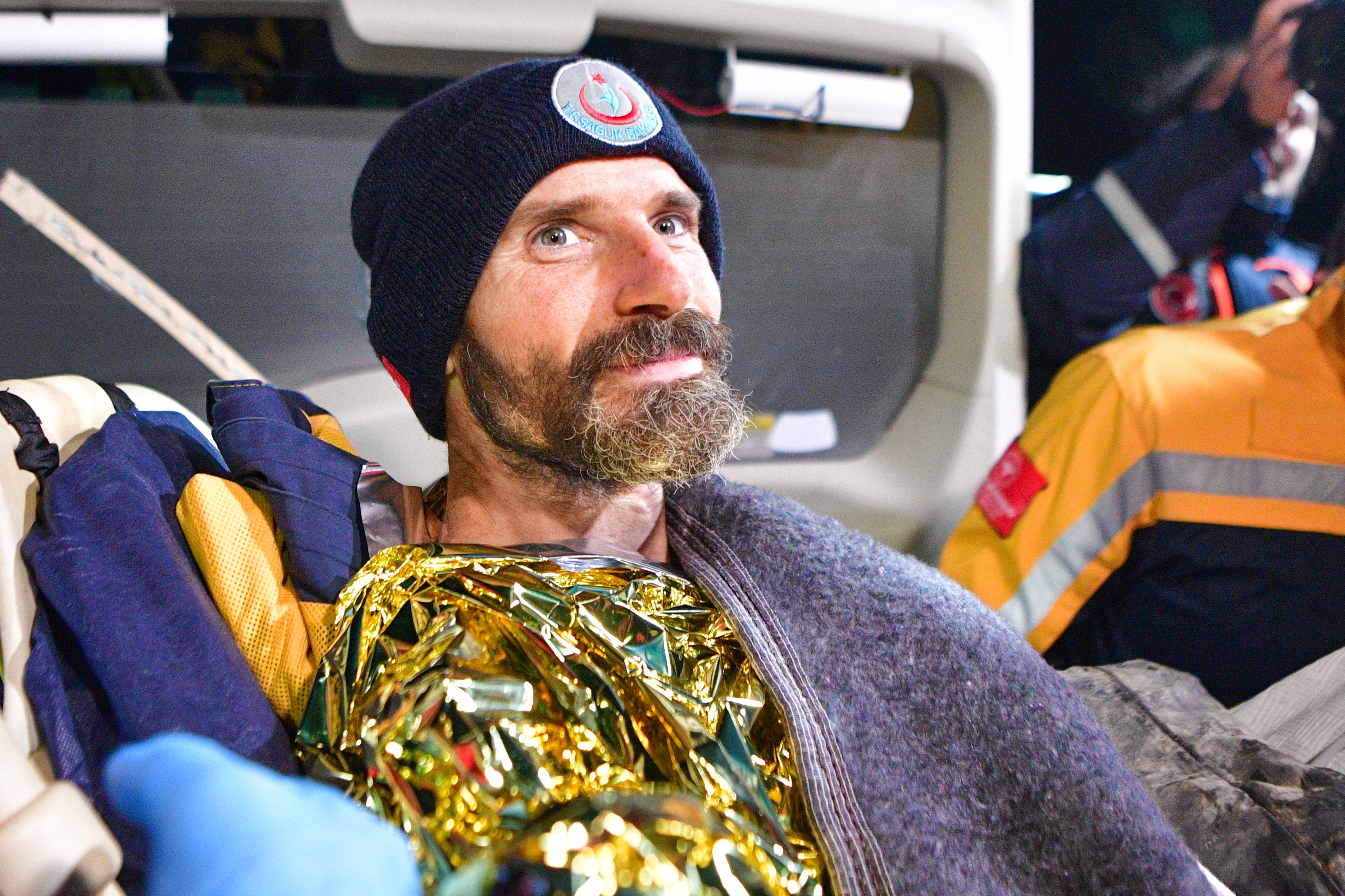 Mark Dickey is carried in a stretcher after being pulled out of Morca cave near Anamur, south Turkey