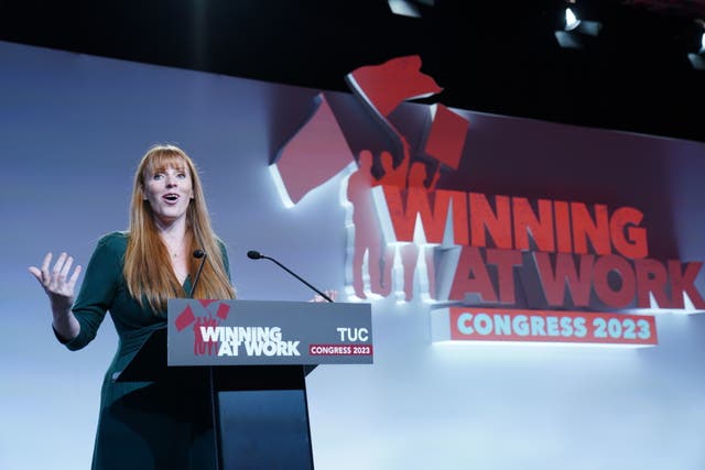 <p>Angela Rayner addresses the TUC in Liverpool on Tuesday</p>