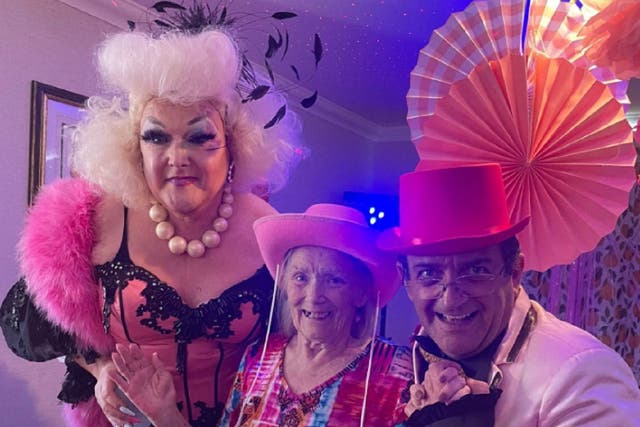 Feather boas, glittering top hats and a drag queen helped Kent care home Maplewood Court’s first anniversary celebrations sparkle (Maplewood Court/PA)