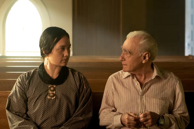 <p>Lily Gladstone and Martin Scorsese in ‘Killers of the Flower Moon’</p>
