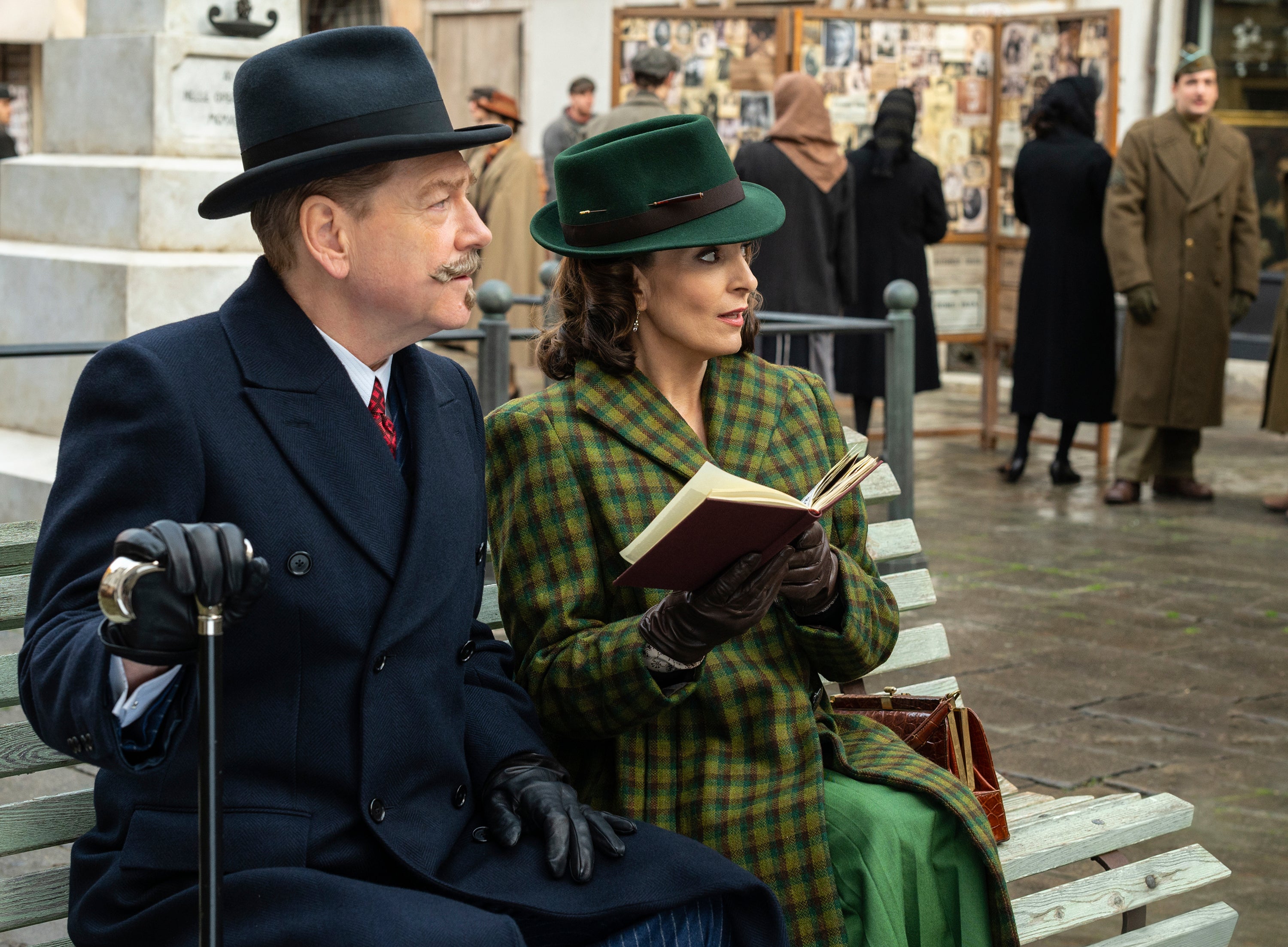 Kenneth Branagh, left, as Hercule Poirot, and Tina Fey as Ariadne Oliver, in ‘A Haunting in Venice’