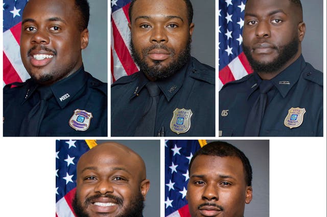 <p>Top row from left, now-former Memphis Police Department officers Tadarrius Bean, Demetrius Haley, Emmitt Martin III, and bottom row from left, Desmond Mills Jr and Justin Smith.</p>