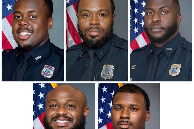 <p>Top row from left, now-former Memphis Police Department officers Tadarrius Bean, Demetrius Haley, Emmitt Martin III, and bottom row from left, Desmond Mills Jr and Justin Smith.</p>