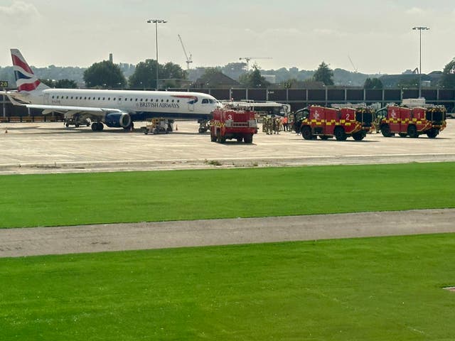 <p>Aftermath: The British Airways jet was met by the emergency services when it landed back at London City Airport</p>