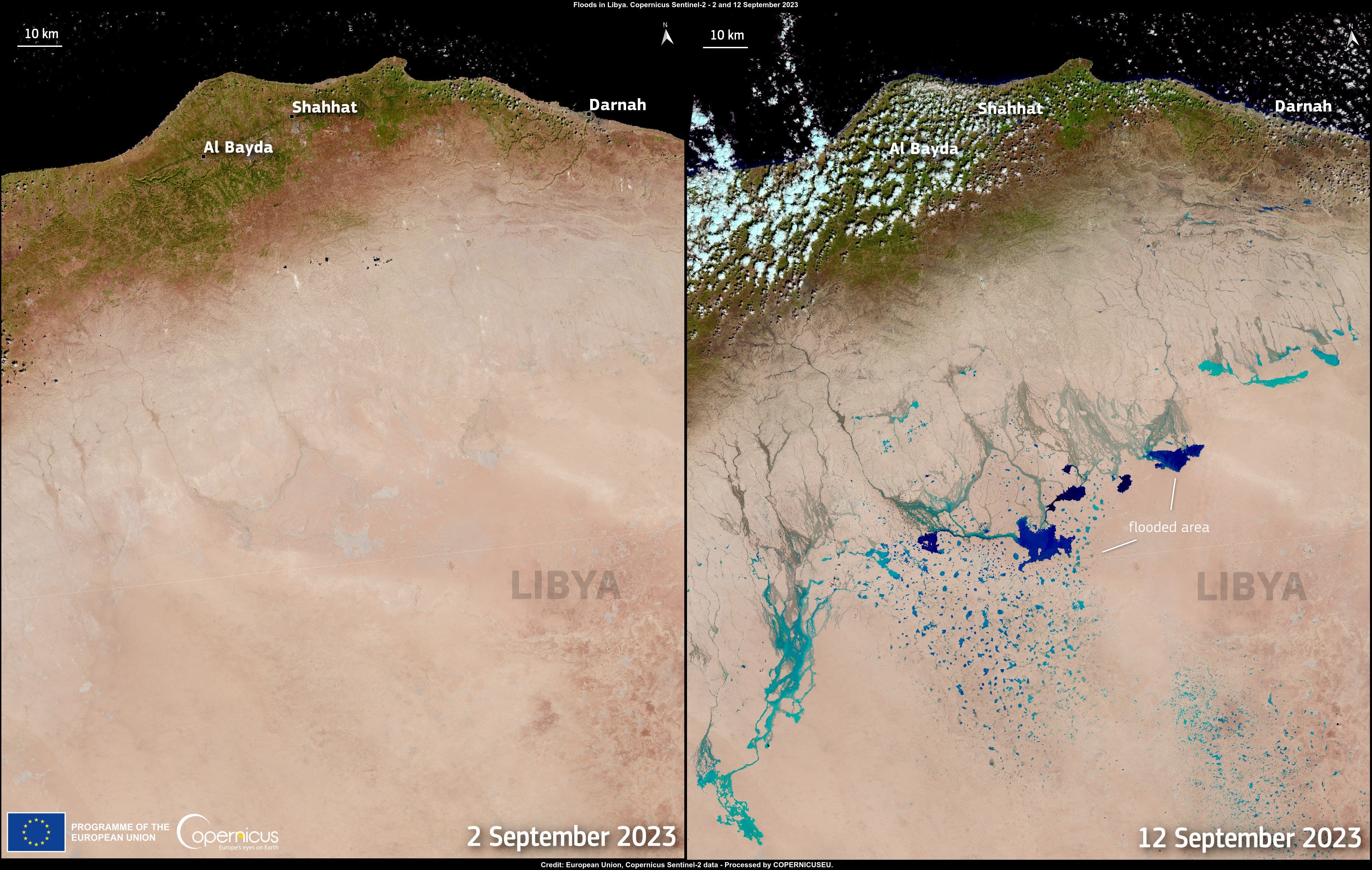These two images, acquired by one of the Copernicus Sentinel-2 satellites on 2 and 12 September, show the Libyan desert before and after the aftermath of Storm Daniel