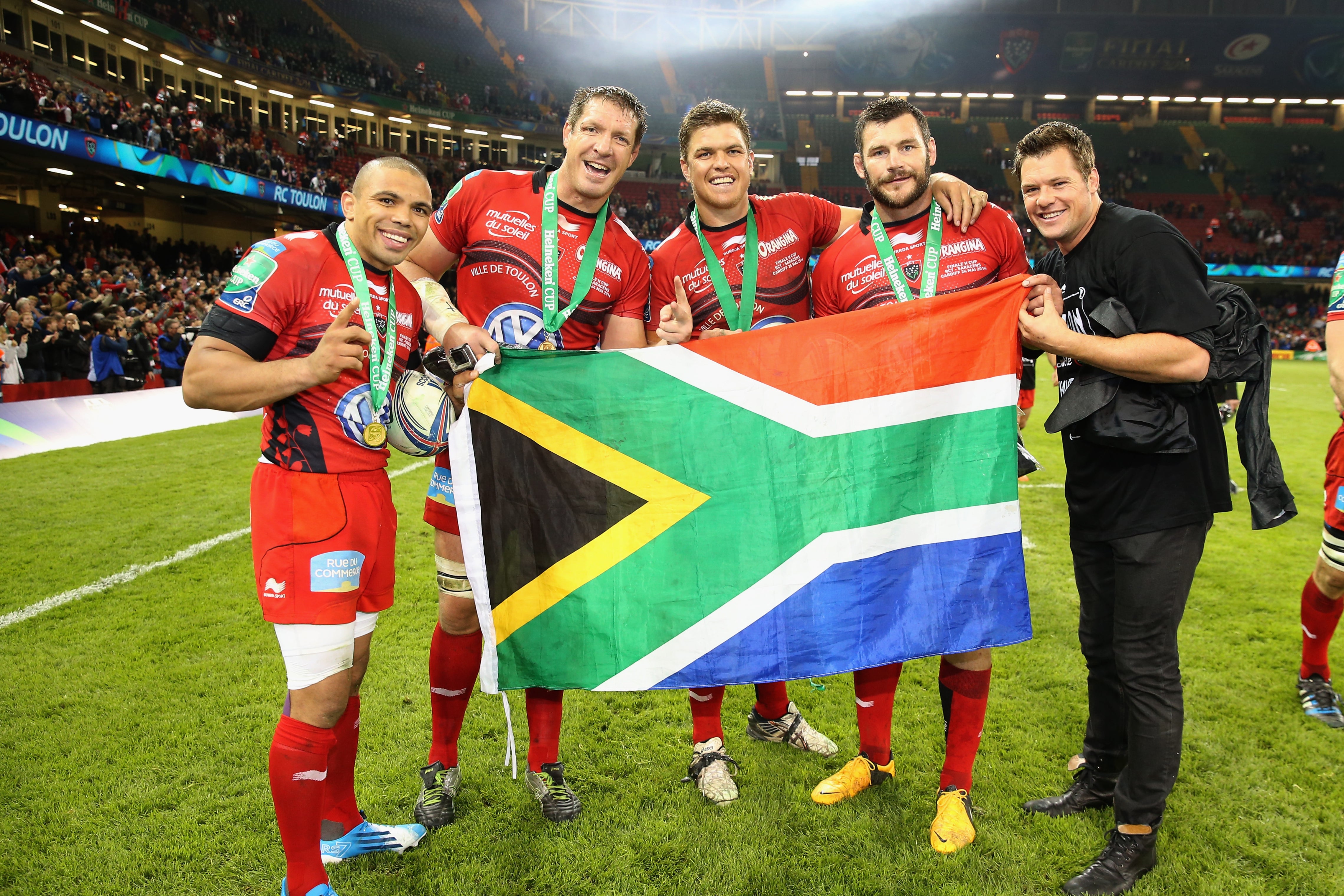 Bryan Habana, Bakkies Botha, Juan Smith, Danie Rossouw and Joe van Niekerk of Toulon and South Africa celebrate their 2014 Heineken Cup win