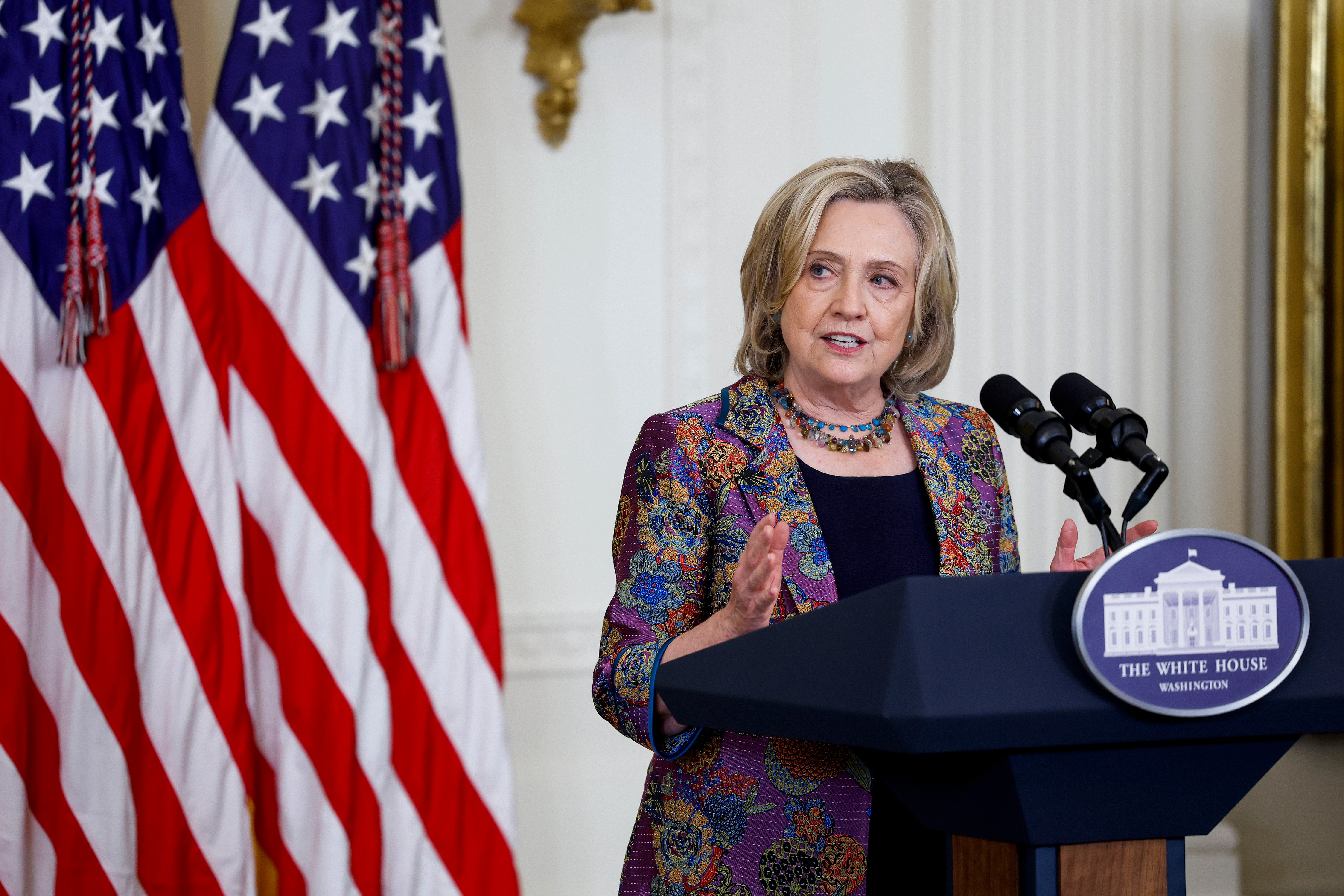 Former Secretary of State Hillary Rodham Clinton speaks during an event honoring 2023 Praemium Imperiale Laureates in the East Room of the White House on September 12, 2023 in Washington, DC