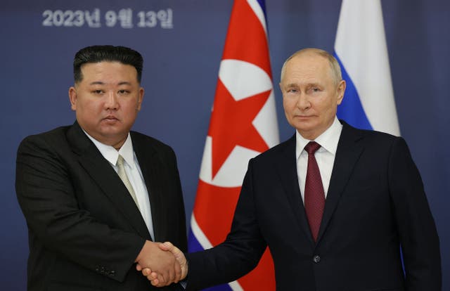 <p>Russian President Vladimir Putin, right, and North Korea's leader Kim Jong-un</p>