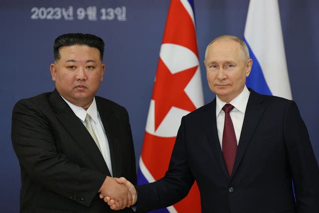 <p>Russian President Vladimir Putin, right, and North Korea's leader Kim Jong-un</p>