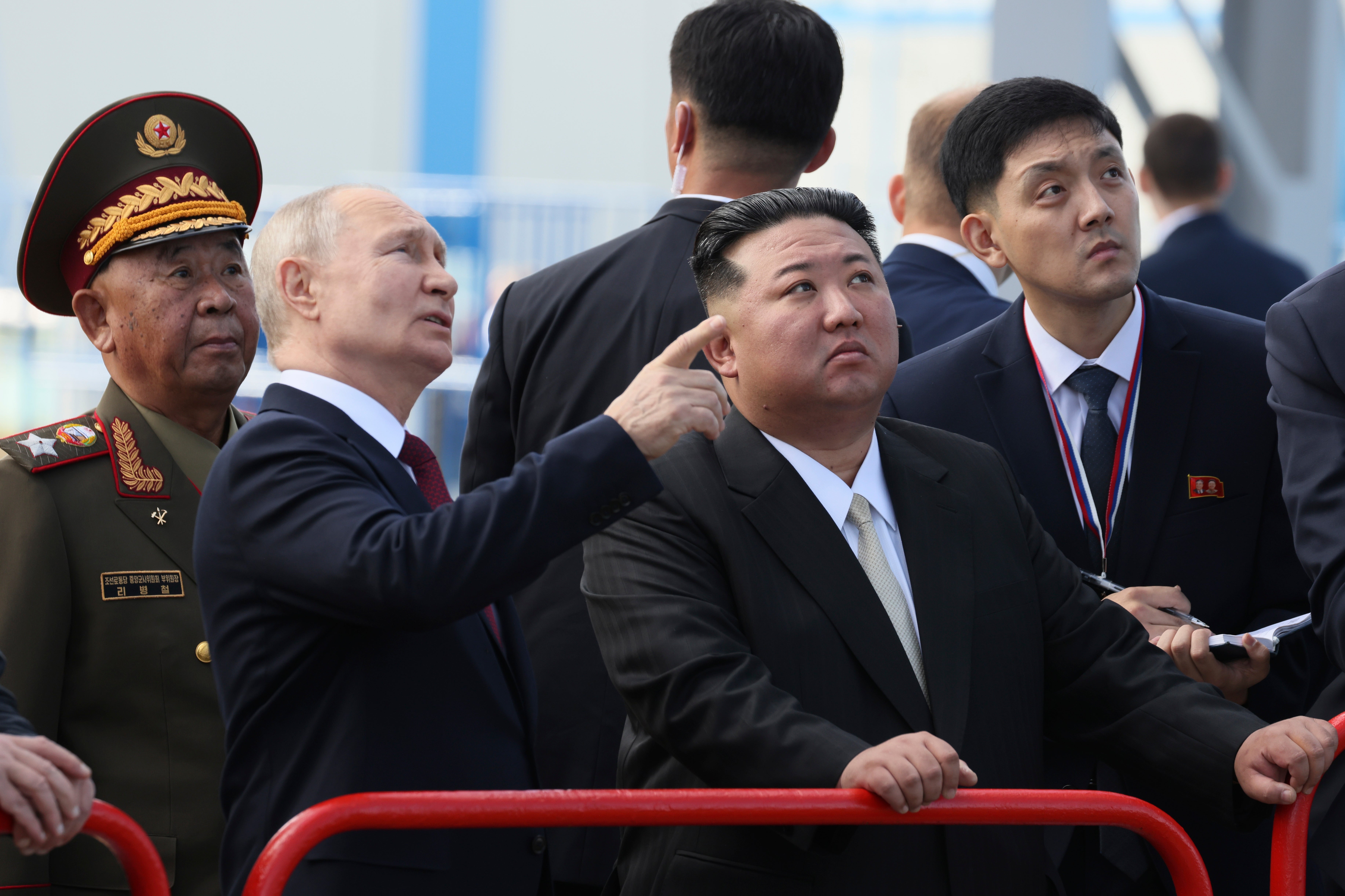 Putin and Kim examine a launch pad during their meeting at the Vostochny cosmodrome