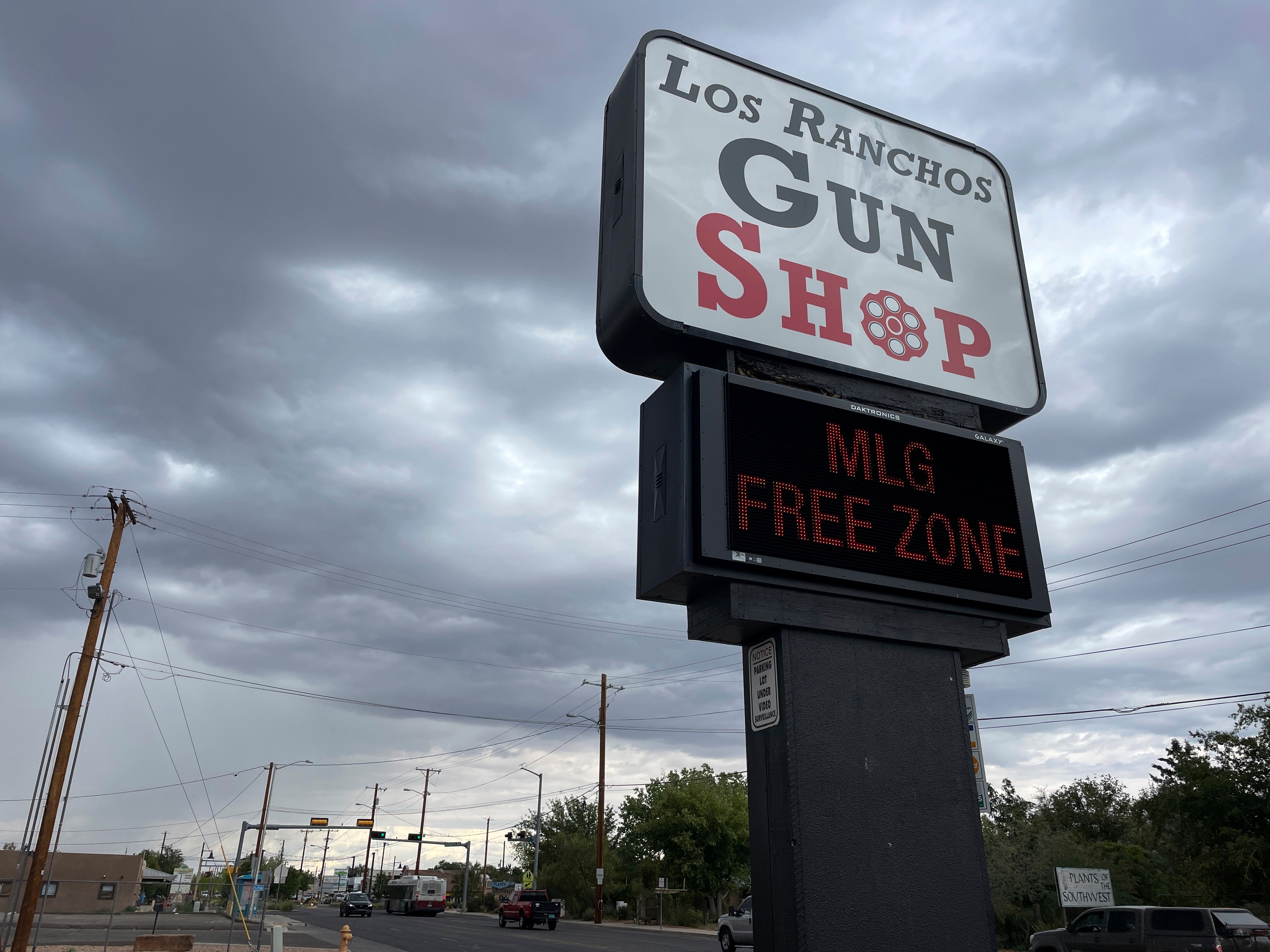 The marquee at a gun shop in Los Ranchos, New Mexico on 11 September protests Governor Michelle Lujan Grisham’s order banning residents from carrying firearms in public.
