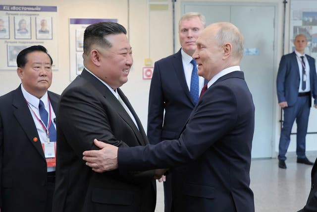 <p> Russian President Vladimir Putin, center right, welcomes North Korean leader Kim Jong Un to the Vostochny cosmodrome </p>