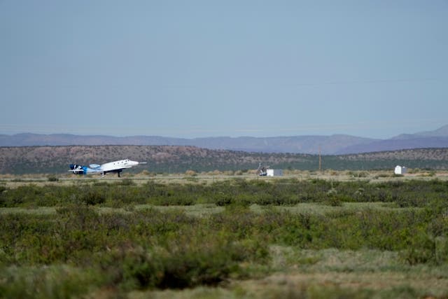<p>Virgin Galactic’s VSS Unity returns to Spaceport America after its first fully crewed test flight July 11, 2021 in Truth Or Consequences, New Mexico</p>