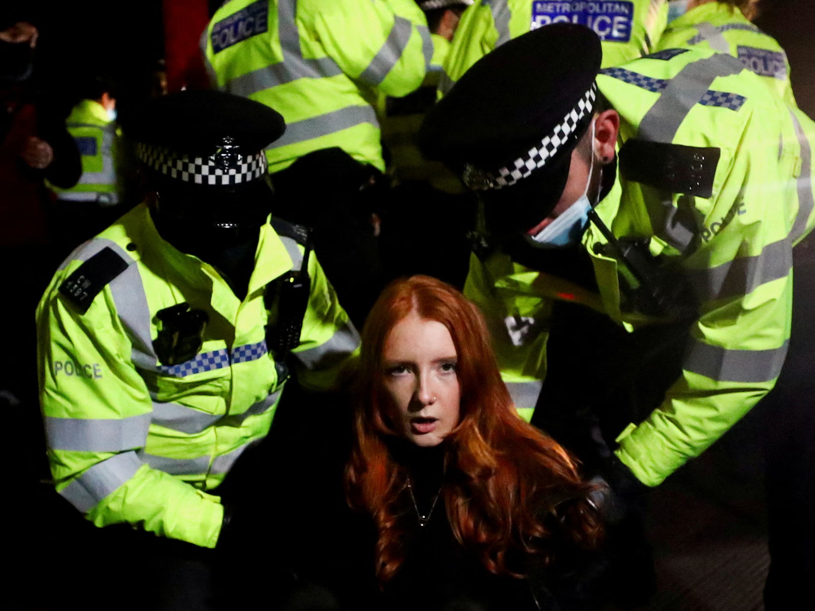 Police detained Patsy Stevenson as people gathered at a memorial site in London's Clapham Common
