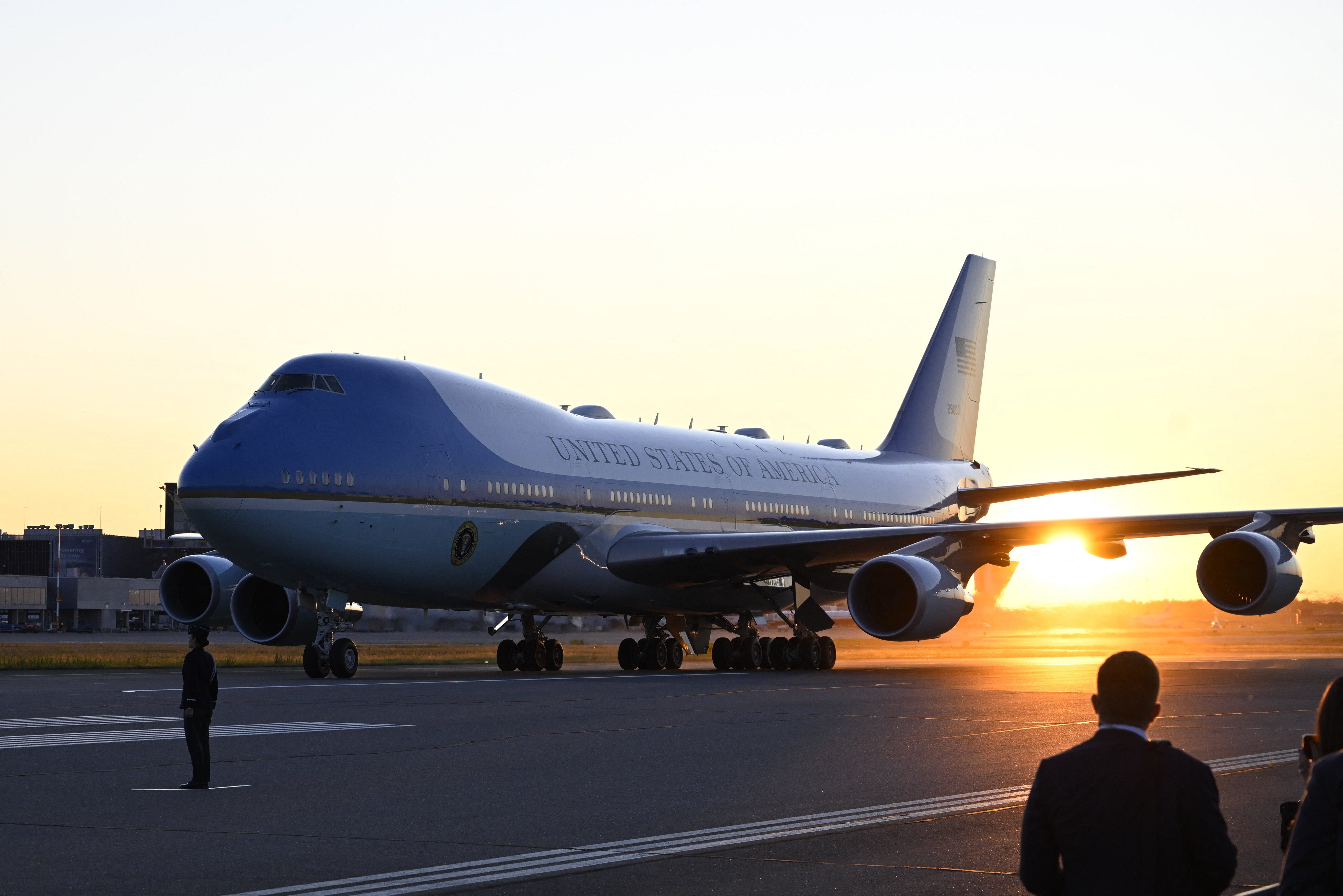 Air Force One is seen after landing at the Helsinki-Vantaan International airport in the evening sun in Helsinki, Finland prior to a US-Nordic Summit