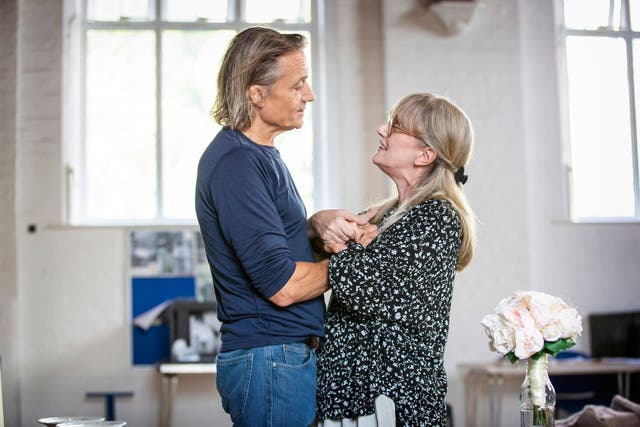Hal Fowler and Jenna Russell rehearsing for Flowers For Mrs Harris (Pamela Raith/PA)