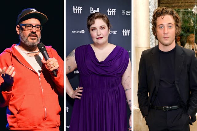 <p>L-R: David Cross, Lena Dunham and Jeremy Allen White are among the stars contributing to an auction raising funds for striking crew members</p>