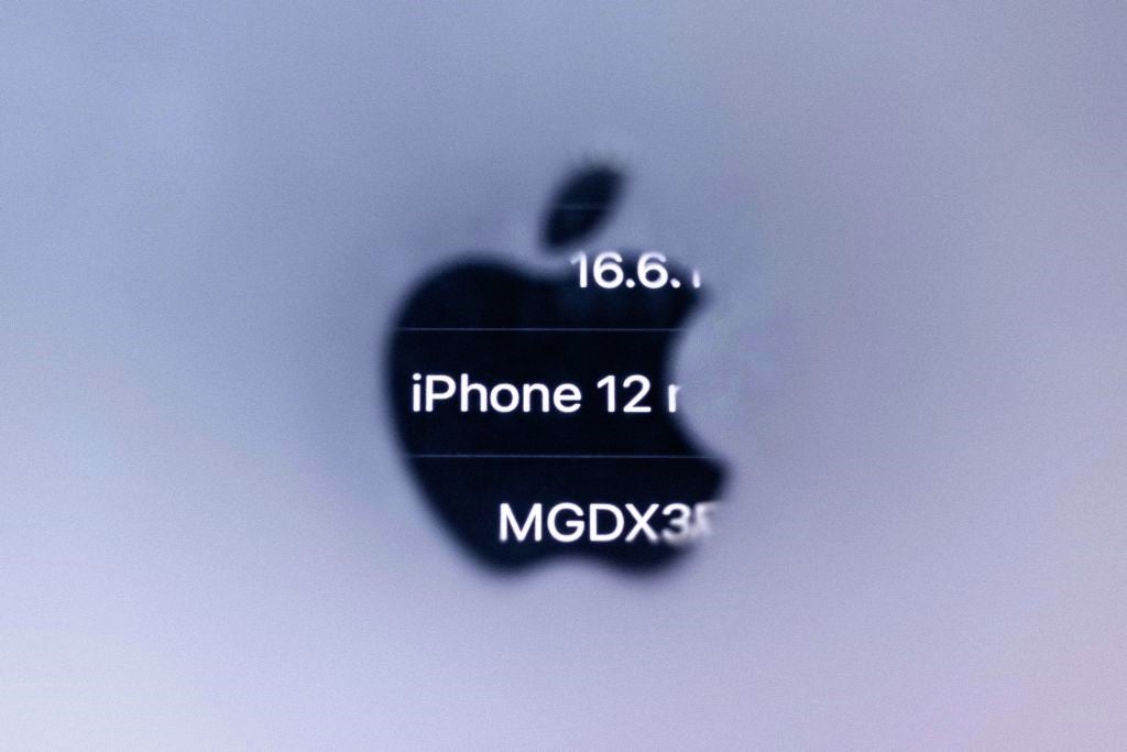 A photograph taken on 13 September, 2023 in Paris shows information of an iPhone 12 reflected in the Apple logo, as French regulators ordered Apple to halt sales for emitting too much electromagnetic radiation