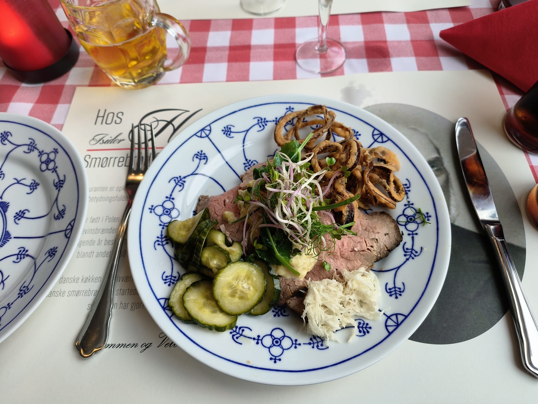 The Danish smørrebrød at Hos Isidor Henius, with roast beef, remoulade, horseradish and crispy onions