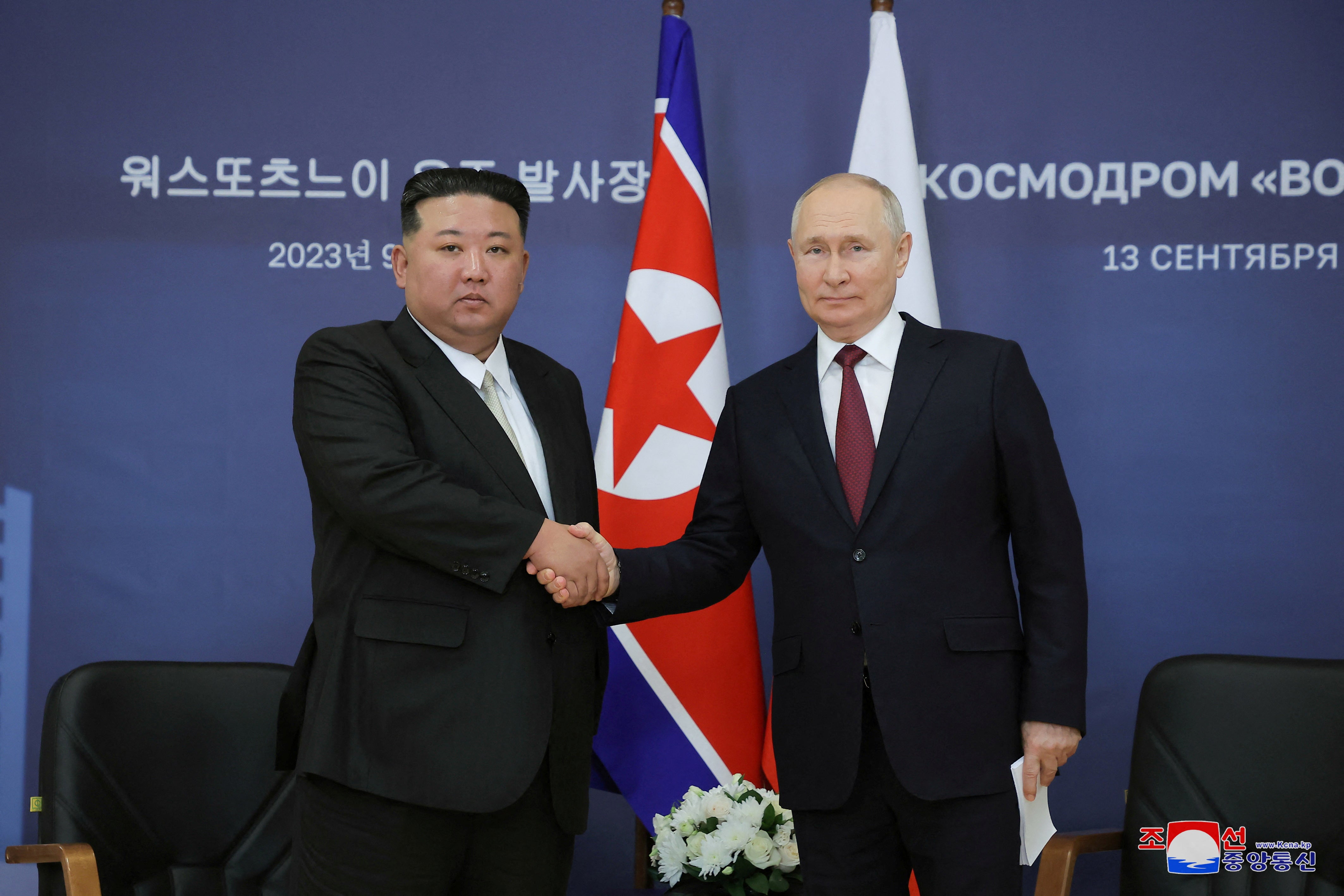 Russia’s president Vladimir Putin and North Korea’s leader Kim Jong-un attend a meeting at the Vostochny Cosmodrome