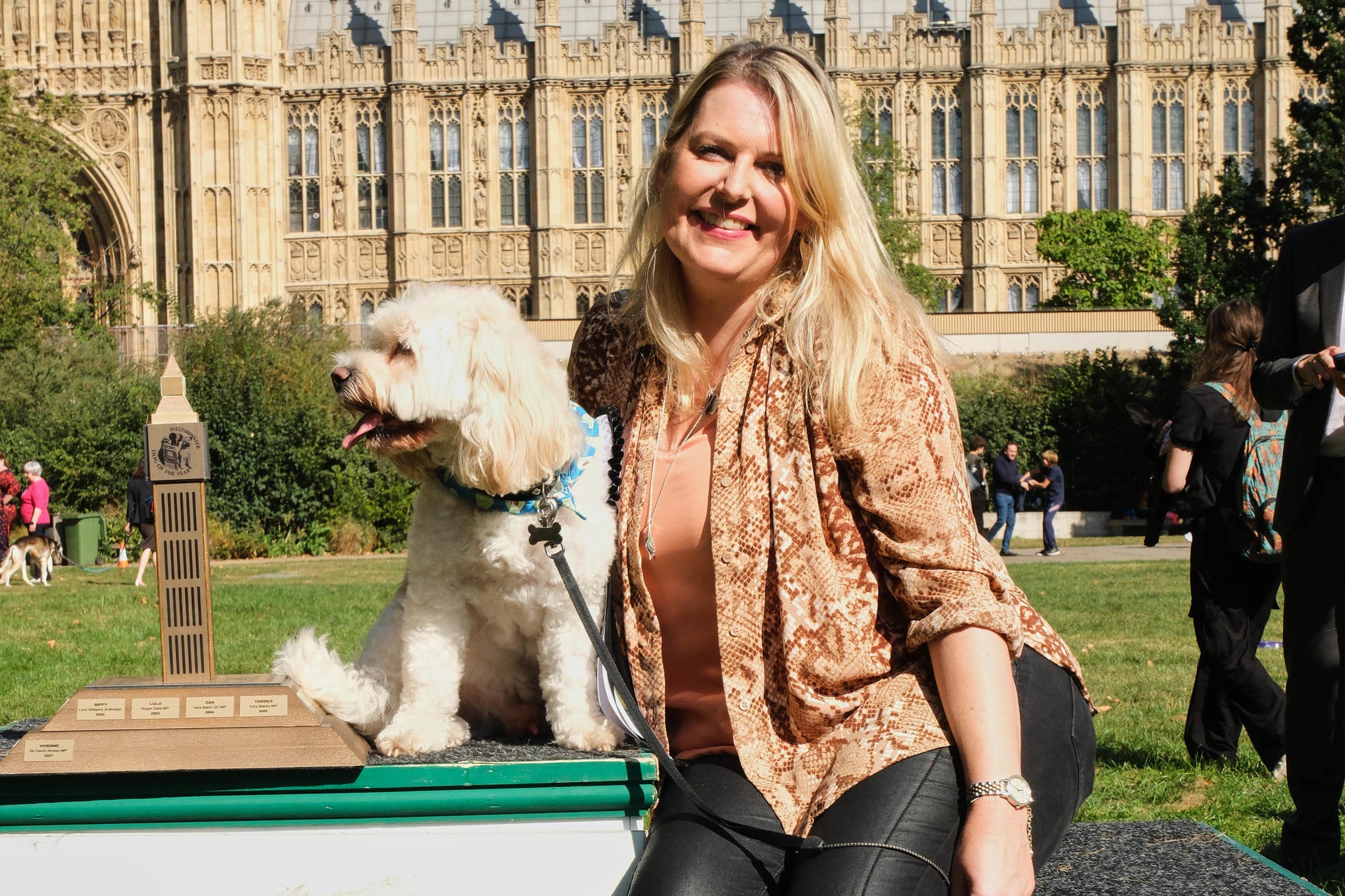Mims Davies wins first place with TJ at the Westminster Dog of the Year competition (Michael Leckie/PA)