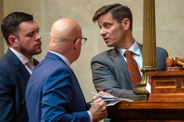 <p>Wisconsin’s Republican Senate President Chris Kapena, right, speaks with lawmakers before a vote to fire Wisconsin Elections Commission administrator Meagan Wolfe on 14 September. </p>