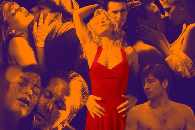 An erotic realm, clockwise from centre: Ellen Barkin and Gabriel Byrne in ‘Siesta’, Richard Tyson and Sherilyn Fenn in ‘Two Moon Junction’, David Duchovny in ‘Red Shoe Diaries’, Carré Otis and Mickey Rourke in ‘Wild Orchid’, and Audie England and Costas Mandylor in ‘Delta of Venus’