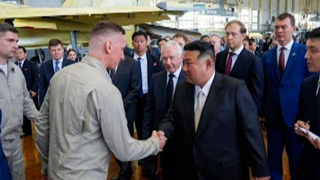 <p>Kim Jong-un inspects Russian fighter jets on visit to aviation plant.</p>