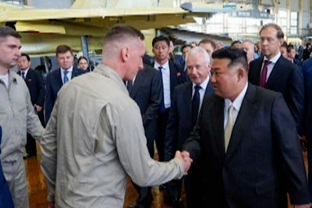 <p>Kim Jong-un inspects Russian fighter jets on visit to aviation plant.</p>