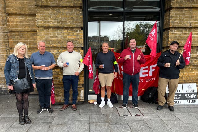 <p>Action station: Members of the train drivers’ union, Aslef, outside King’s Cross station in London on the day of their last walk-out on 2 September 2023</p>
