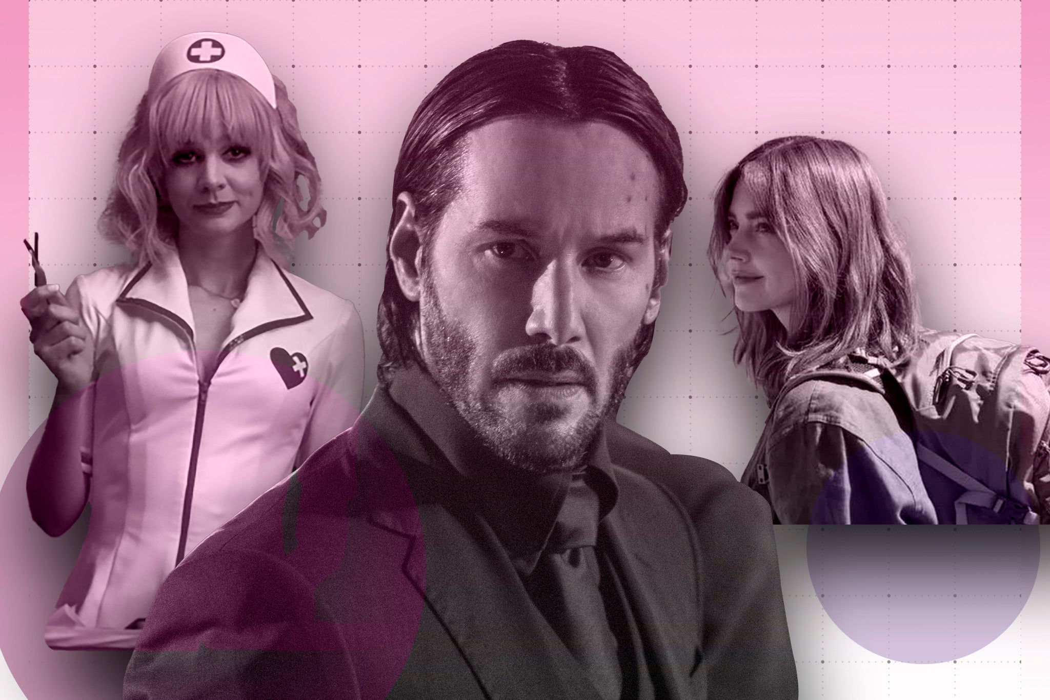 Revenge tales: Carey Mulligan in ‘Promising Young Woman’, Keanu Reeves as John Wick, and Jenna Coleman in ‘Wilderness’