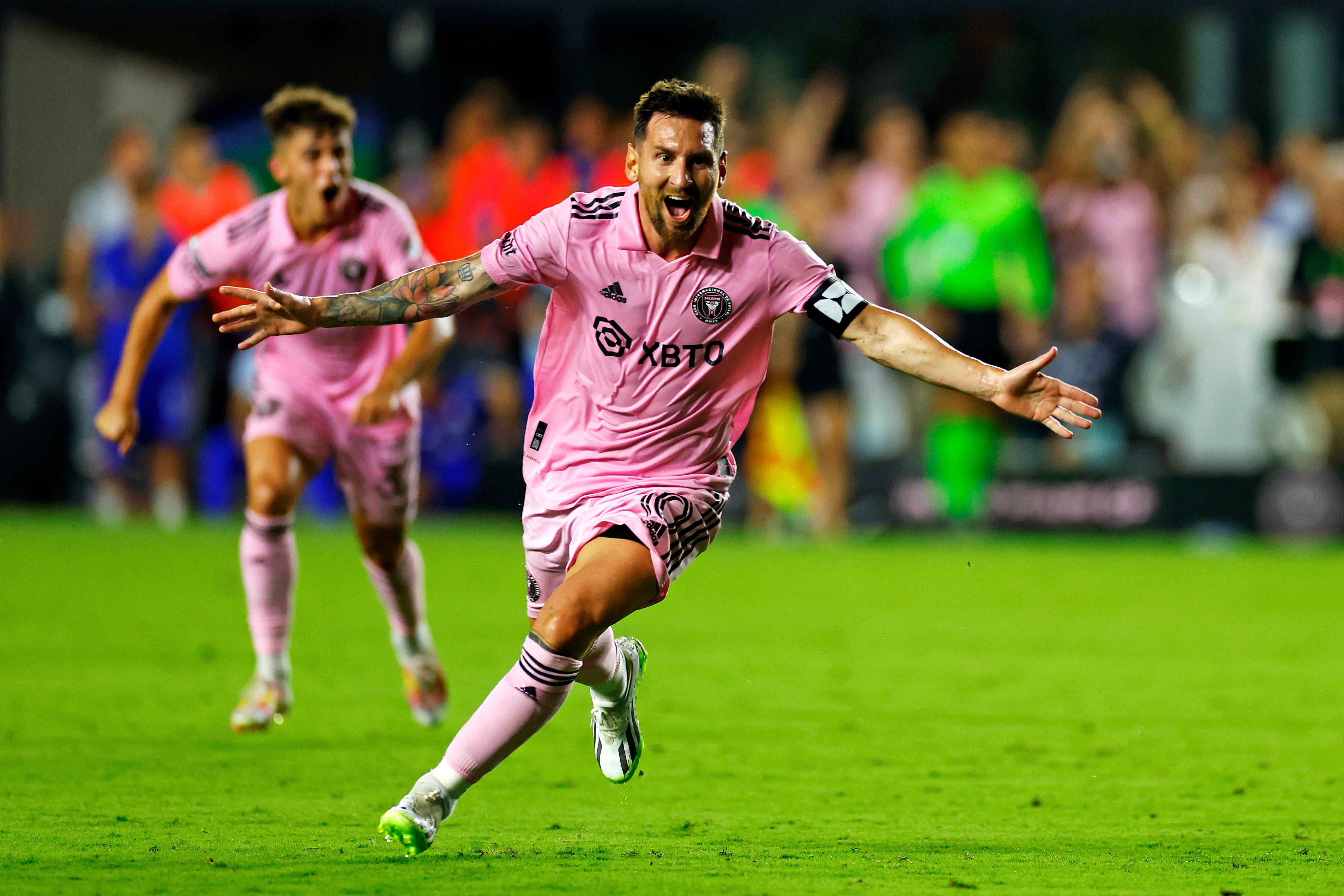 Lionel Messi celebrates after scoring against Cruz Azul in the Leagues Cup