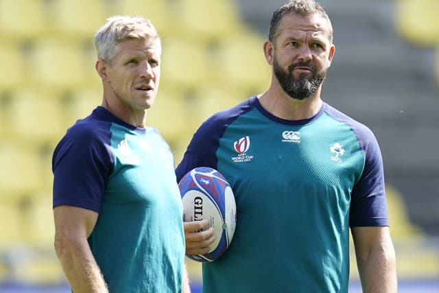 Ireland defence coach Simon Easterby, left, and head coach Andy Farrell are braced for a “big step up” at the Rugby World Cup (Andrew Matthews/PA)