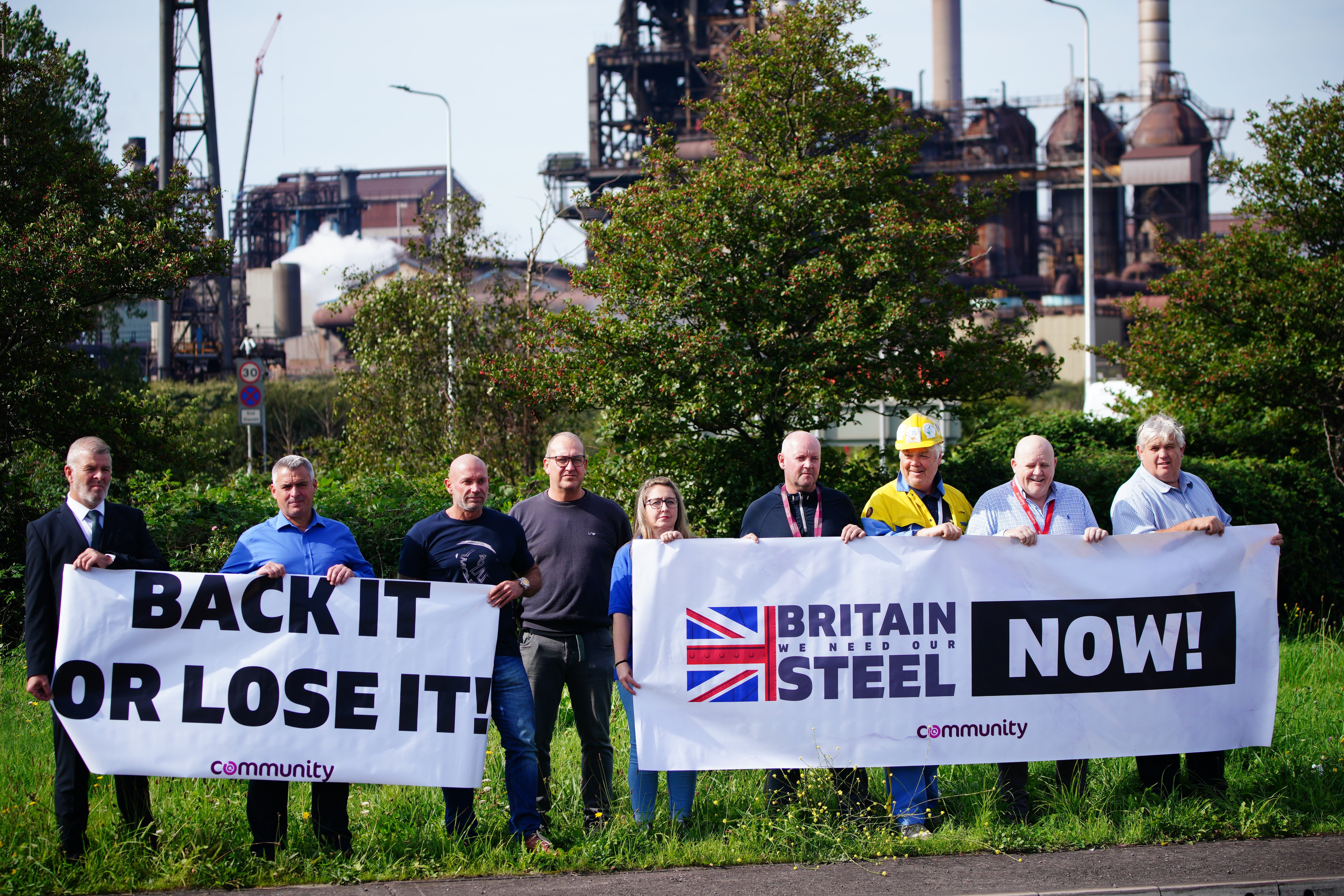 Workers outside Tata Steel's Port Talbot steelworks in south Wales, as around 3,000 jobs are at risk