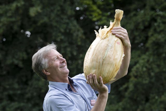 Gareth Griffin with his world record-breaking giant onion that weighs 8.97kg (19.775lb), following the giant vegetable competition at the Harrogate Autumn Flower Show at Newby Hall and Gardens (Danny Lawson/PA)