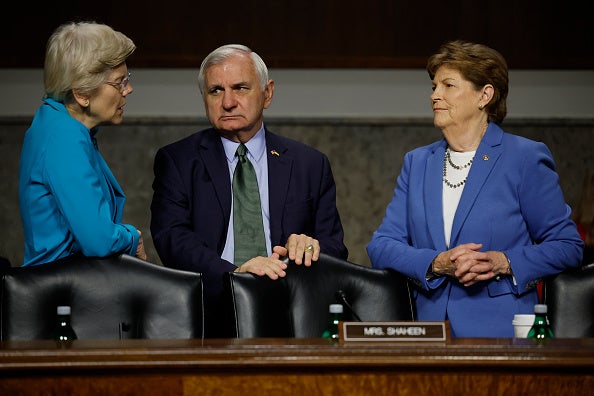 Senate Armed Services Committee members (L-R) Sen Elizabeth Warren (D-MA), Chairman Jack Reed (D-RI) and Sen Jeanne Shaheen (D-NH)