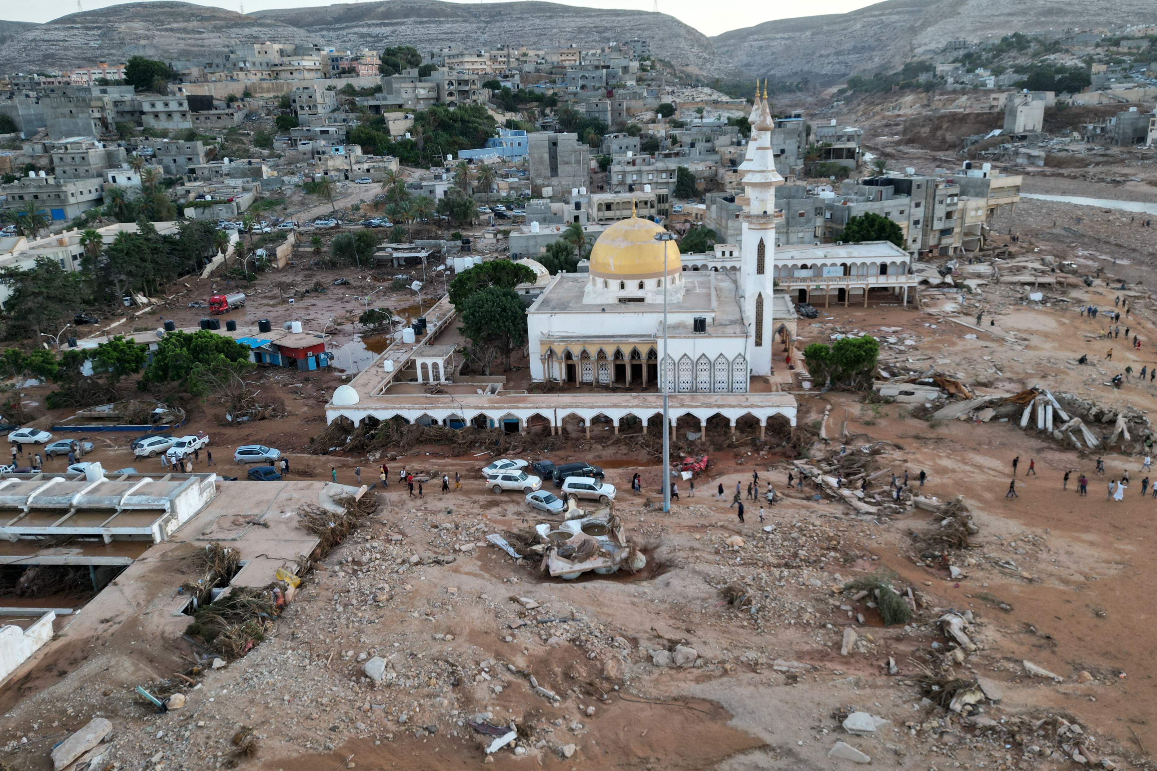An aerial view shows the destruction caused by flash floods in Derna
